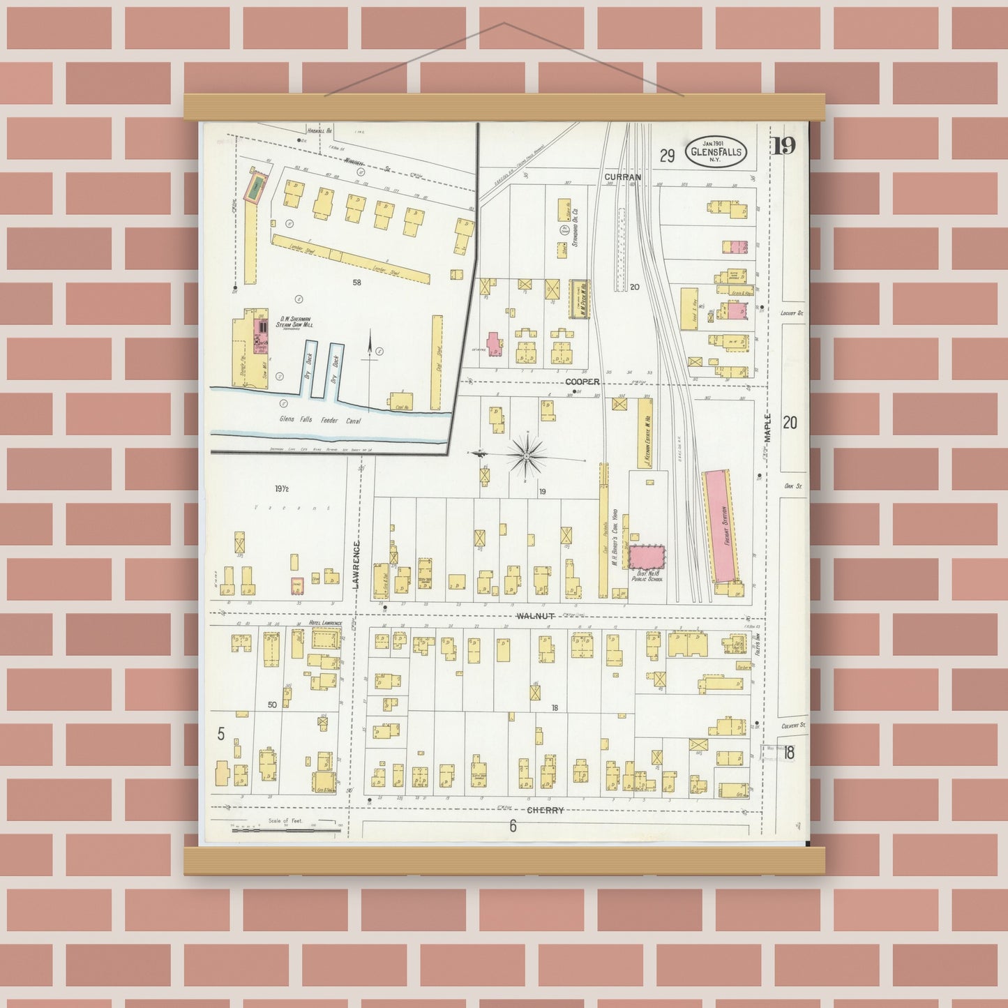 Old map wall art mockup — magnetic wood frame on brick wall — Sanborn Fire Insurance Map from Glens Falls, Warren County, New York (1901), Sheet #0019