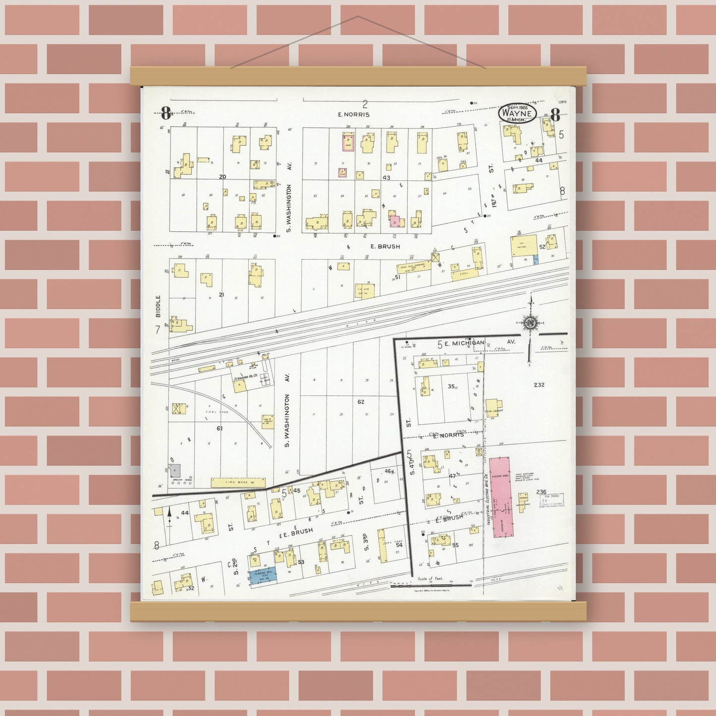 Old map wall art mockup — magnetic wood frame on brick wall — Sanborn Fire Insurance Map from Wayne, Wayne County, Michigan (1926), Sheet #0008