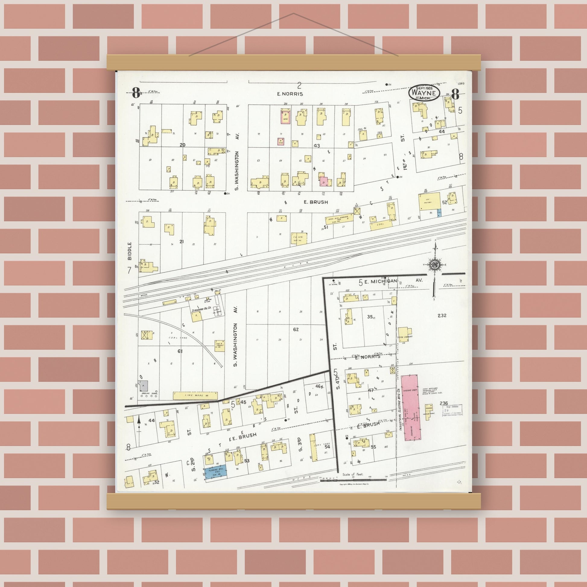 Old map wall art mockup — magnetic wood frame on brick wall — Sanborn Fire Insurance Map from Wayne, Wayne County, Michigan (1926), Sheet #0008