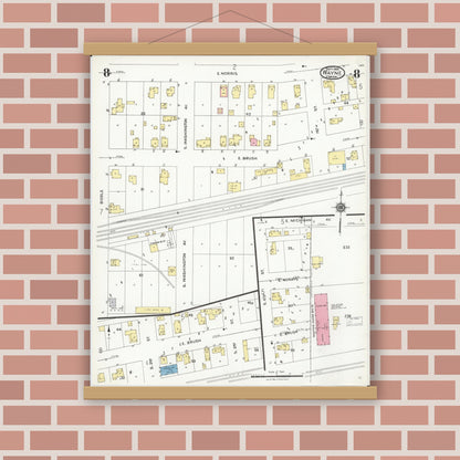 Old map wall art mockup — magnetic wood frame on brick wall — Sanborn Fire Insurance Map from Wayne, Wayne County, Michigan (1926), Sheet #0008
