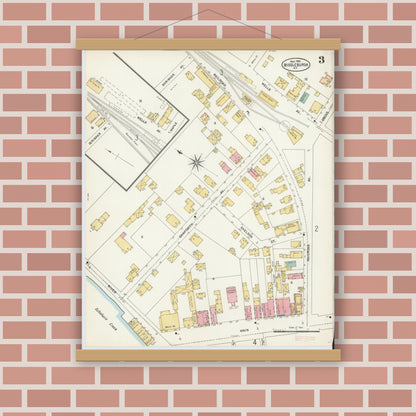 Old map wall art mockup — magnetic wood frame on brick wall — Sanborn Fire Insurance Map from Middleburgh, Schoharie County, New York (1904), Sheet #0003