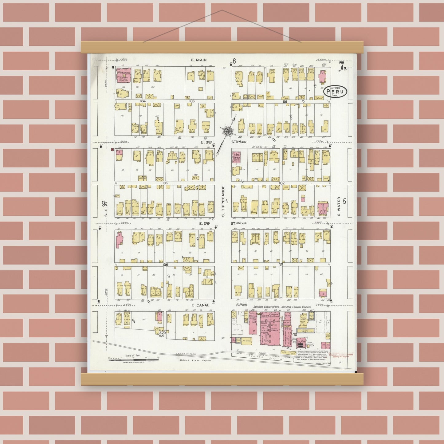 Old map wall art mockup — magnetic wood frame on brick wall — Sanborn Fire Insurance Map from Peru, Miami County, Indiana (1920), Sheet #0007