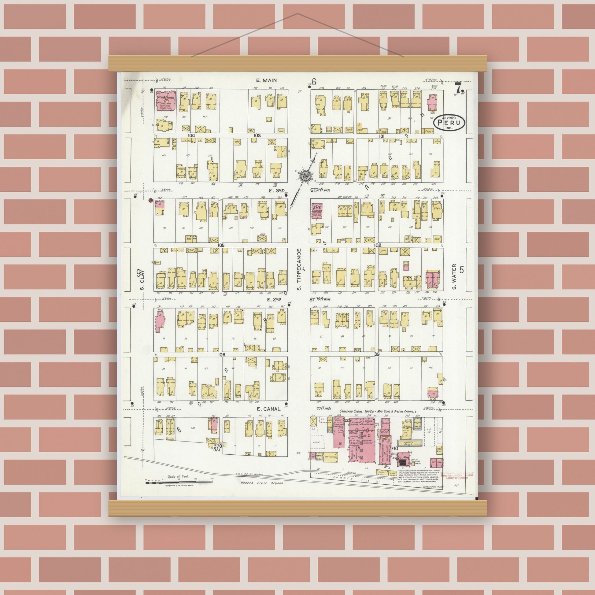 Old map wall art mockup — magnetic wood frame on brick wall — Sanborn Fire Insurance Map from Peru, Miami County, Indiana (1920), Sheet #0007