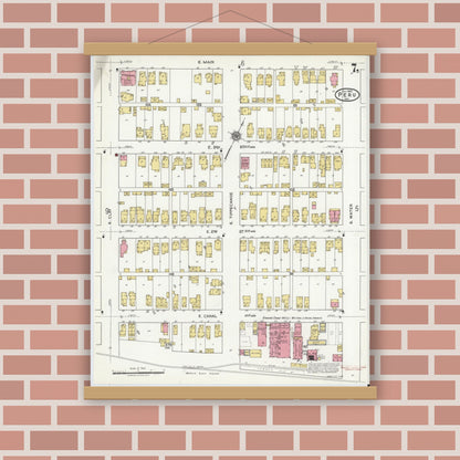 Old map wall art mockup — magnetic wood frame on brick wall — Sanborn Fire Insurance Map from Peru, Miami County, Indiana (1920), Sheet #0007