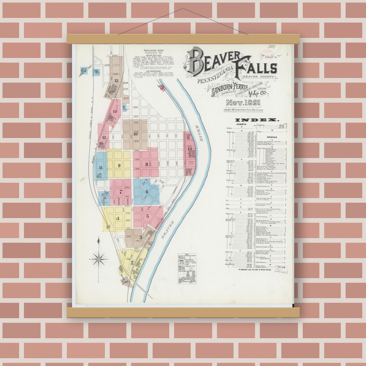 Old map wall art mockup — magnetic wood frame on brick wall — Sanborn Fire Insurance Map from Beaver Falls, Beaver County, Pennsylvania (1891) - Complete Map Set