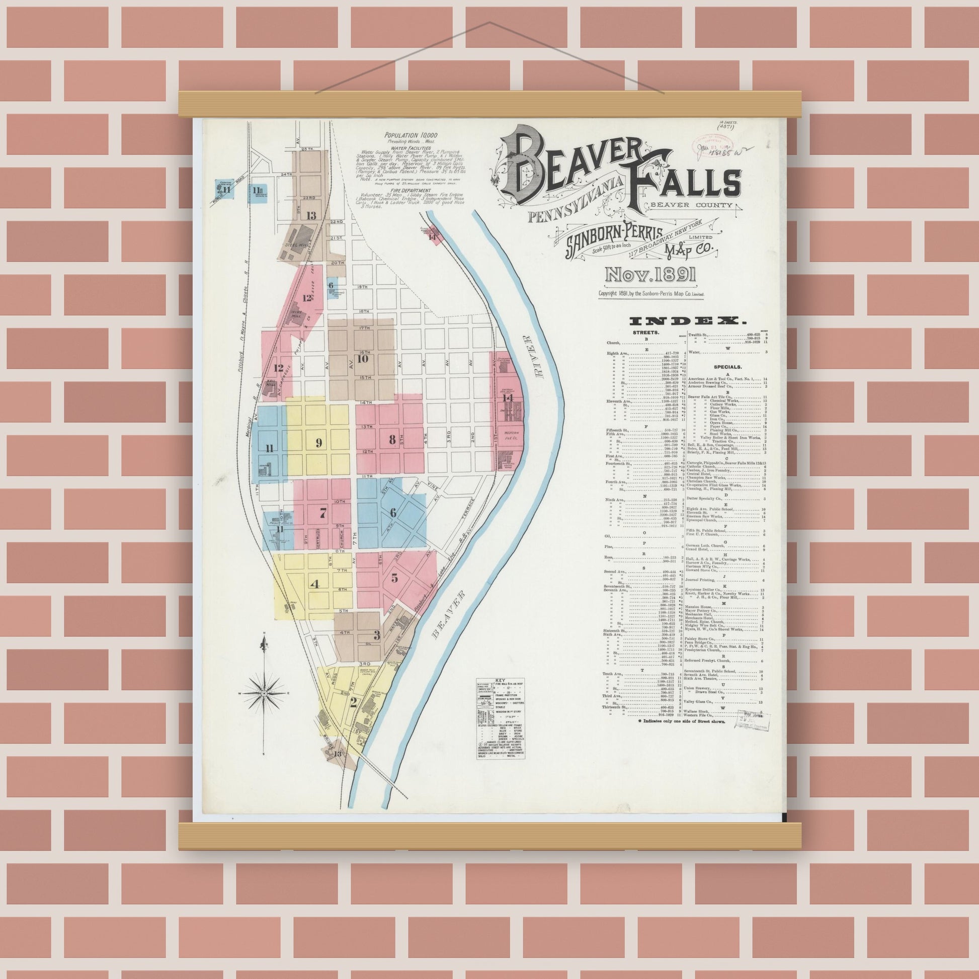 Old map wall art mockup — magnetic wood frame on brick wall — Sanborn Fire Insurance Map from Beaver Falls, Beaver County, Pennsylvania (1891) - Complete Map Set