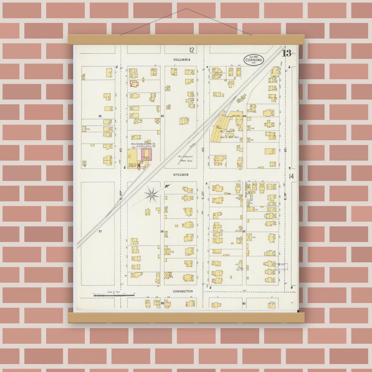 Old map wall art mockup — magnetic wood frame on brick wall — Sanborn Fire Insurance Map from Corning, Steuben County, New York (1898), Sheet #0013