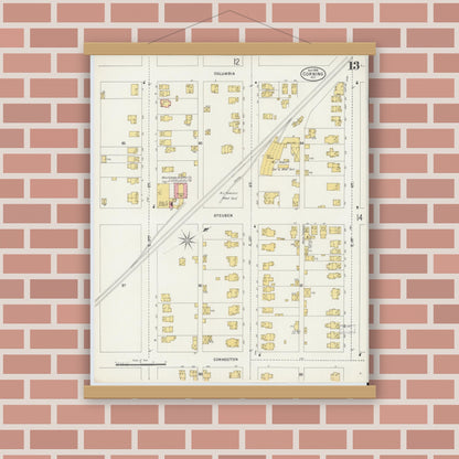 Old map wall art mockup — magnetic wood frame on brick wall — Sanborn Fire Insurance Map from Corning, Steuben County, New York (1898), Sheet #0013