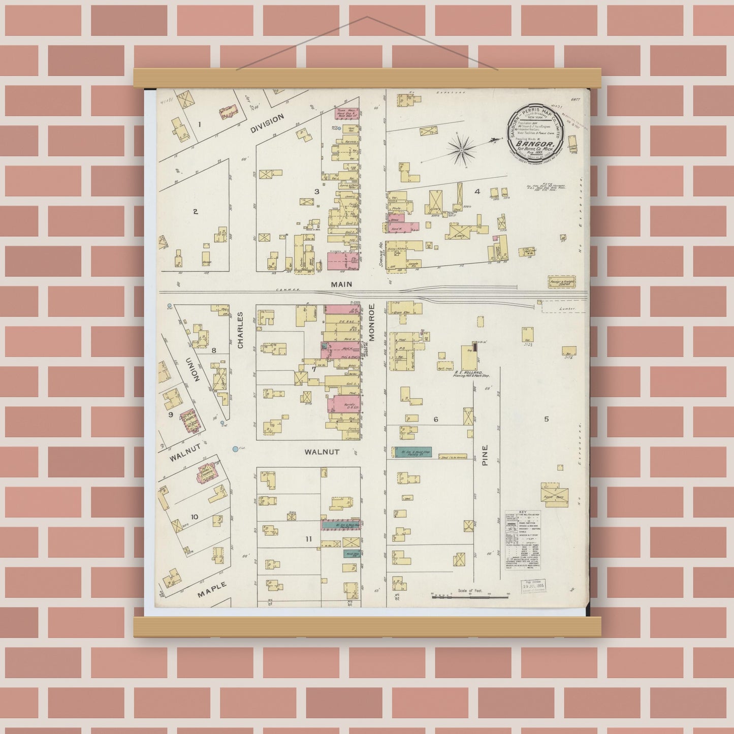 Old map wall art mockup — magnetic wood frame on brick wall — Sanborn Fire Insurance Map from Bangor, Van Buren County, Michigan (1893), Sheet #0001