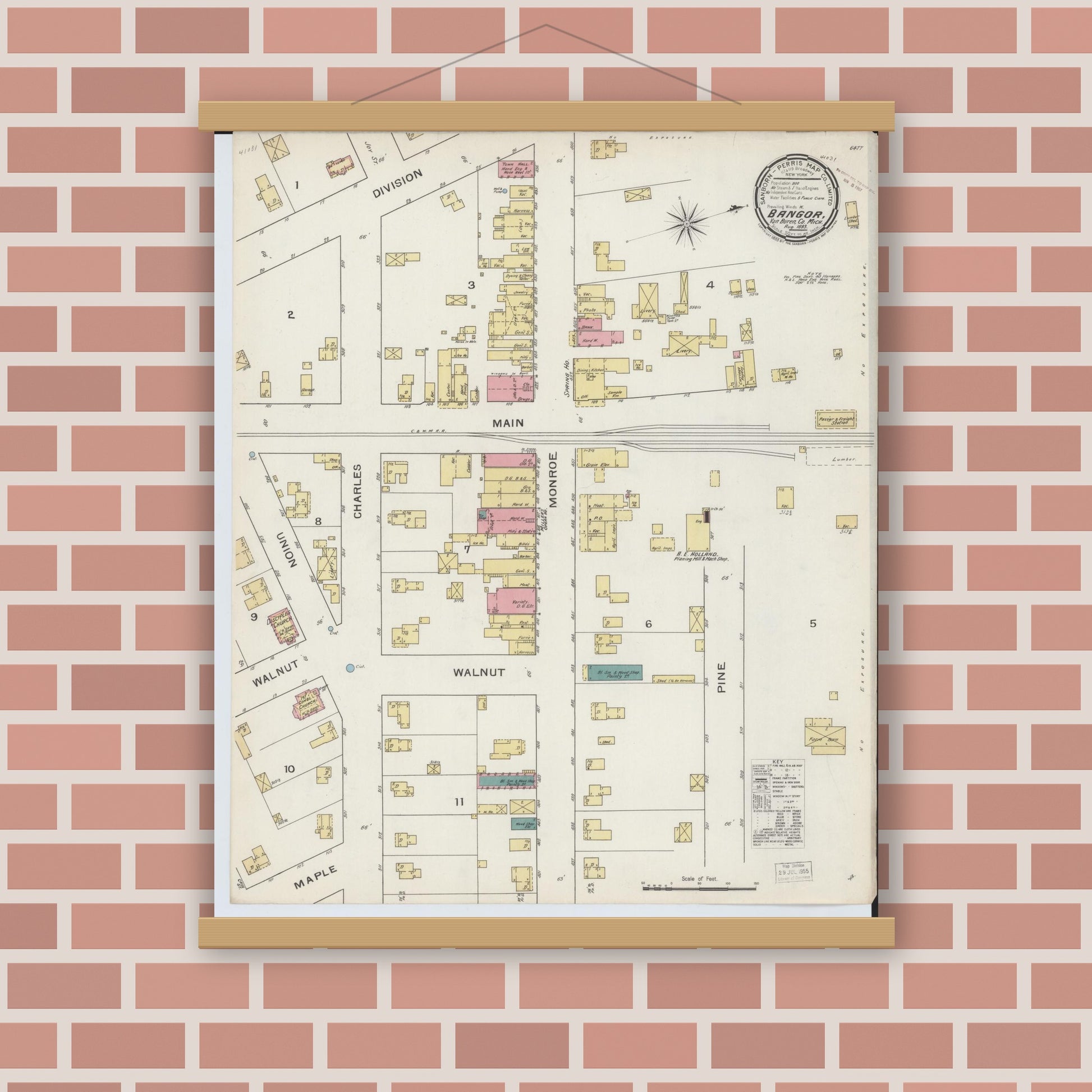 Old map wall art mockup — magnetic wood frame on brick wall — Sanborn Fire Insurance Map from Bangor, Van Buren County, Michigan (1893), Sheet #0001