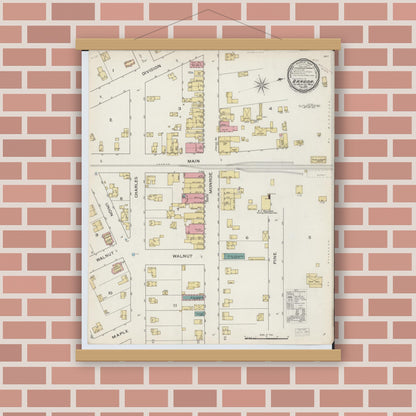 Old map wall art mockup — magnetic wood frame on brick wall — Sanborn Fire Insurance Map from Bangor, Van Buren County, Michigan (1893), Sheet #0001