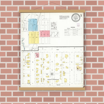 Old map wall art mockup — magnetic wood frame on brick wall — Sanborn Fire Insurance Map from Traer, Tama County, Iowa (1902), Sheet #0001