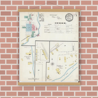 Old map wall art mockup — magnetic wood frame on brick wall — Sanborn Fire Insurance Map from Jasper, Dubois County, Indiana (1892), Sheet #0001