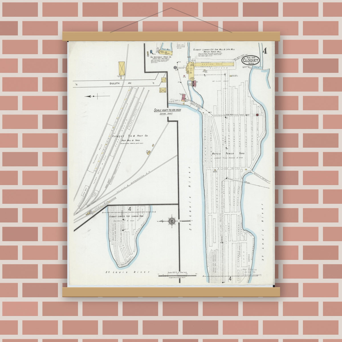 Old map wall art mockup — magnetic wood frame on brick wall — Sanborn Fire Insurance Map from Cloquet, Carlton County, Minnesota (1919), Sheet #0004