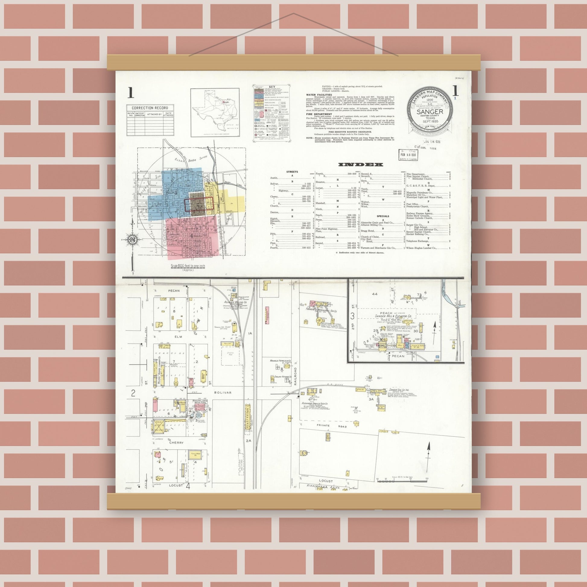 Old map wall art mockup — magnetic wood frame on brick wall — Sanborn Fire Insurance Map from Sanger, Denton County, Texas (1935) - Complete Map Set