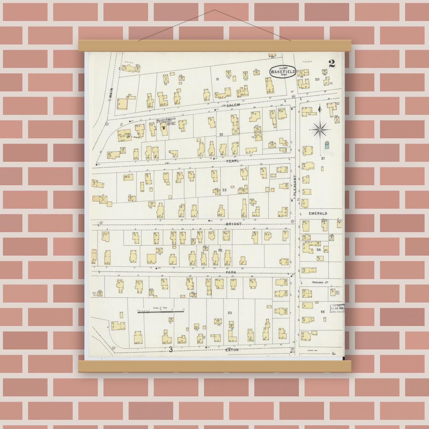 Old map wall art mockup — magnetic wood frame on brick wall — Sanborn Fire Insurance Map from Wakefield, Middlesex County, Massachusetts (1897), Sheet #0002