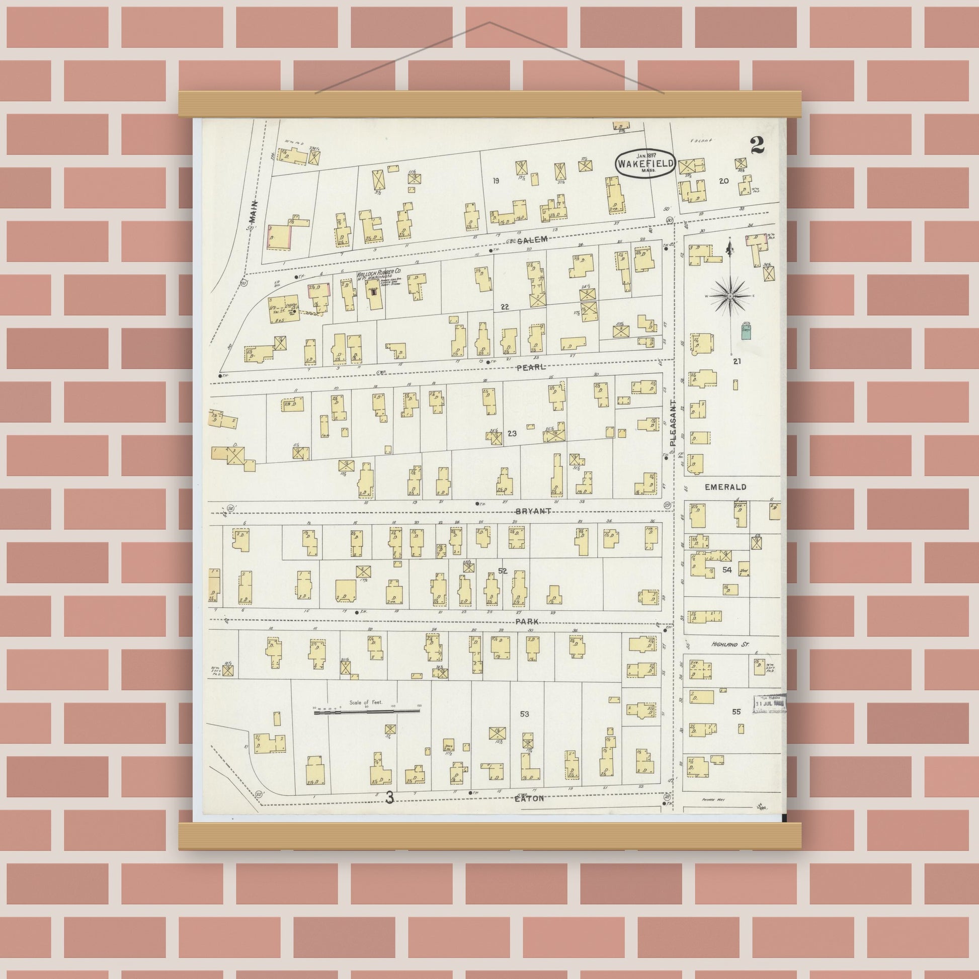 Old map wall art mockup — magnetic wood frame on brick wall — Sanborn Fire Insurance Map from Wakefield, Middlesex County, Massachusetts (1897), Sheet #0002