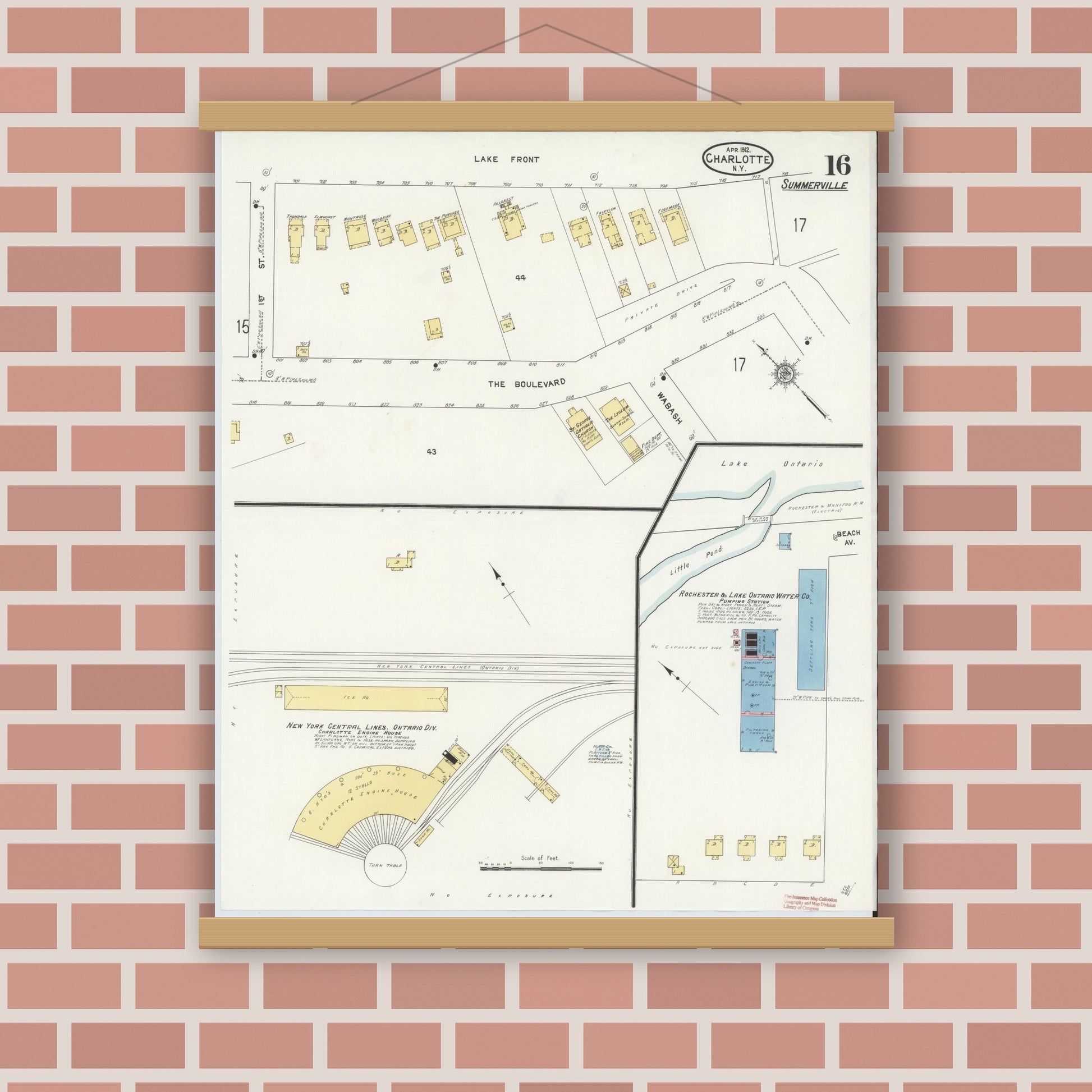Old map wall art mockup — magnetic wood frame on brick wall — Sanborn Fire Insurance Map from Charlotte, Monroe County, New York (1912), Sheet #0016