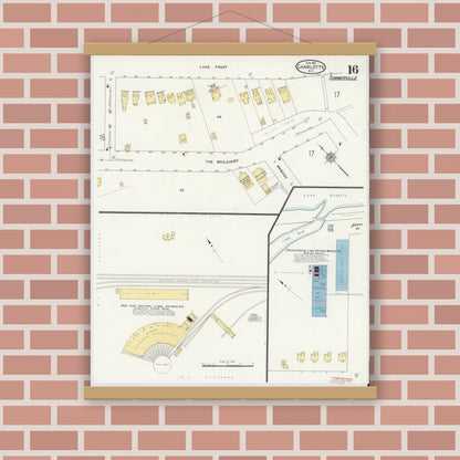 Old map wall art mockup — magnetic wood frame on brick wall — Sanborn Fire Insurance Map from Charlotte, Monroe County, New York (1912), Sheet #0016