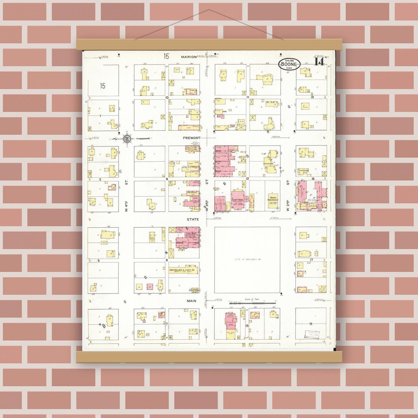 Old map wall art mockup — magnetic wood frame on brick wall — Sanborn Fire Insurance Map from Boone, Boone County, Iowa (1916), Sheet #0014