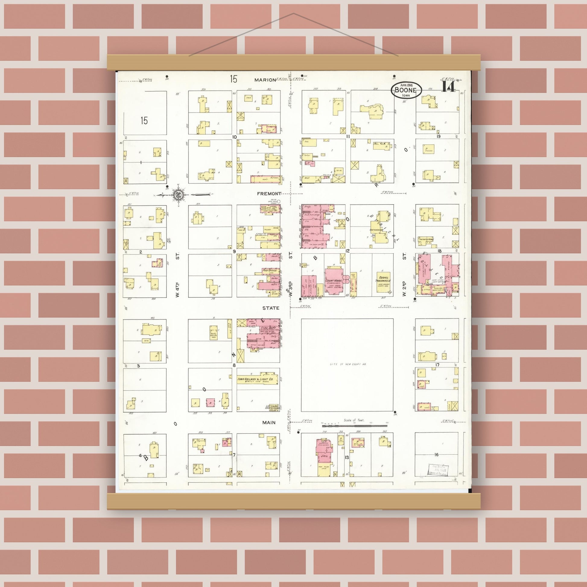 Old map wall art mockup — magnetic wood frame on brick wall — Sanborn Fire Insurance Map from Boone, Boone County, Iowa (1916), Sheet #0014