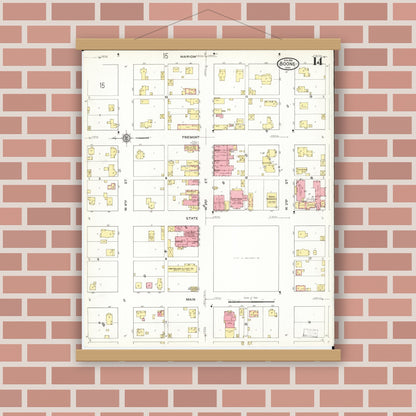 Old map wall art mockup — magnetic wood frame on brick wall — Sanborn Fire Insurance Map from Boone, Boone County, Iowa (1916), Sheet #0014