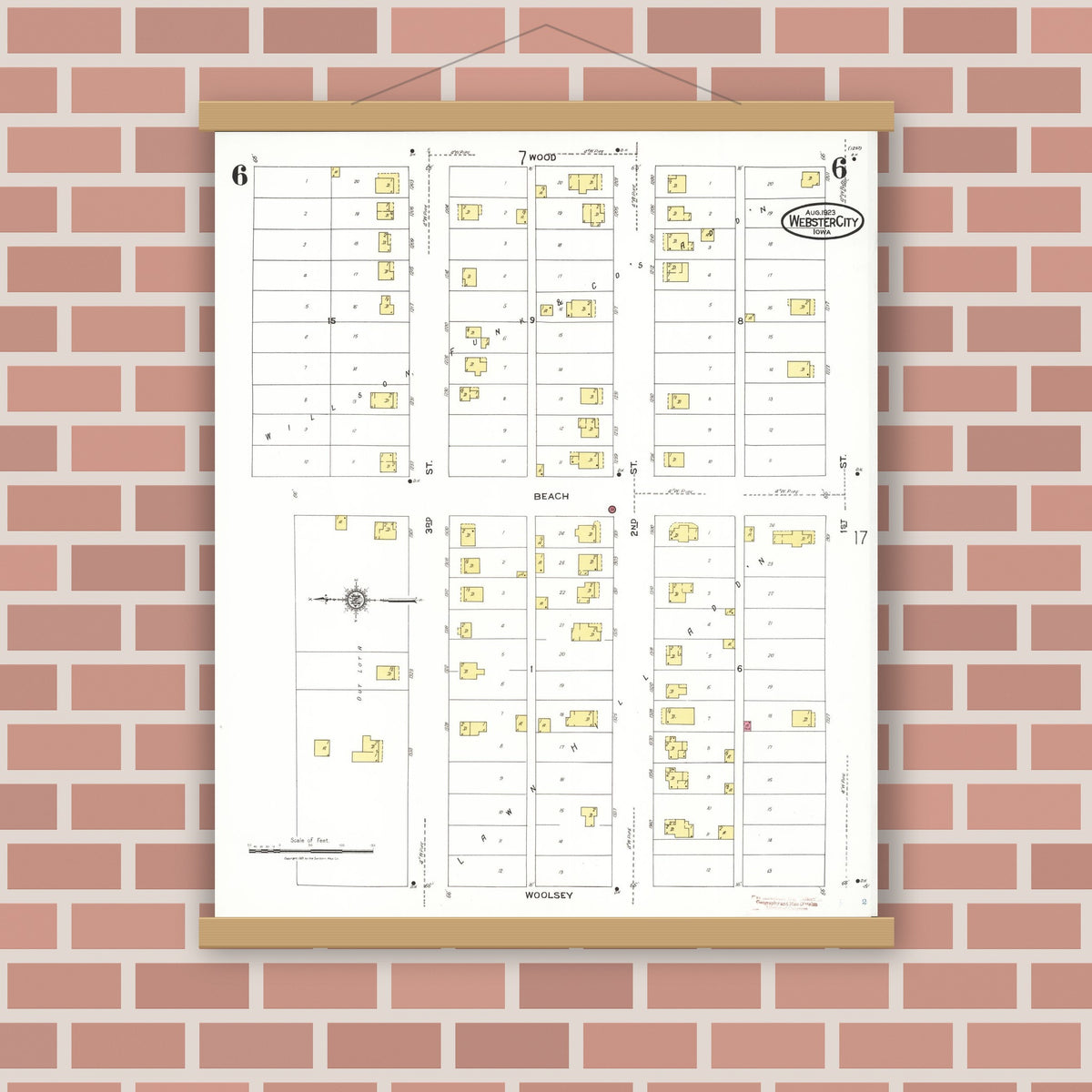 Old map wall art mockup — magnetic wood frame on brick wall — Sanborn Fire Insurance Map from Webster City, Hamilton County, Iowa (1923), Sheet #0006