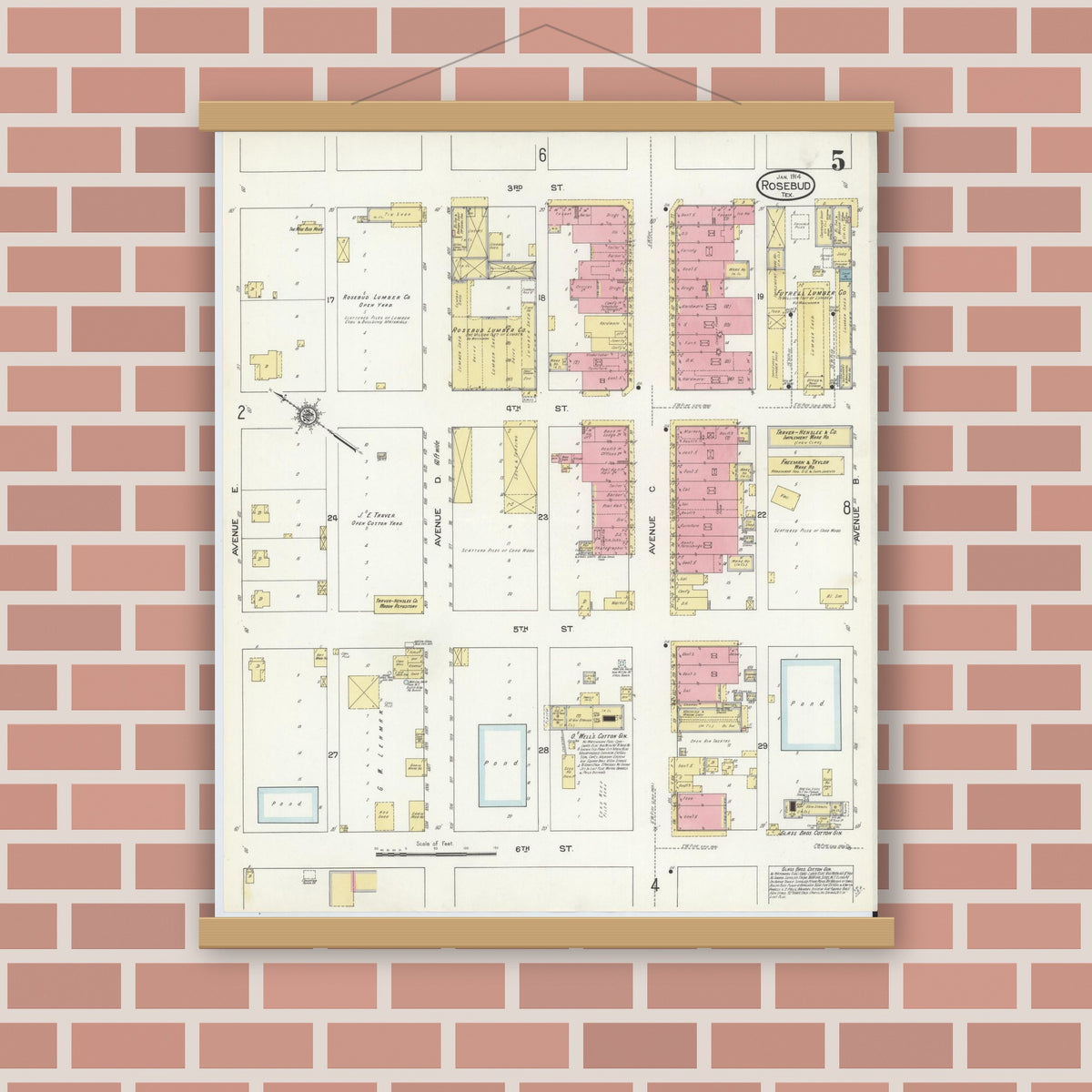 Old map wall art mockup — magnetic wood frame on brick wall — Sanborn Fire Insurance Map from Rosebud, Falls County, Texas (1914), Sheet #0005