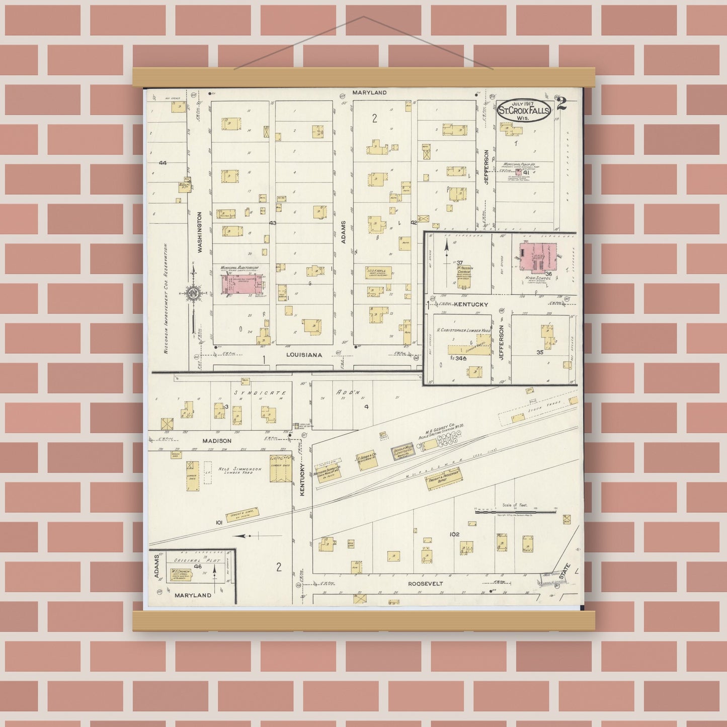 Old map wall art mockup — magnetic wood frame on brick wall — Sanborn Fire Insurance Map from Saint Croix Falls, Polk County, Wisconsin (1917), Sheet #0002