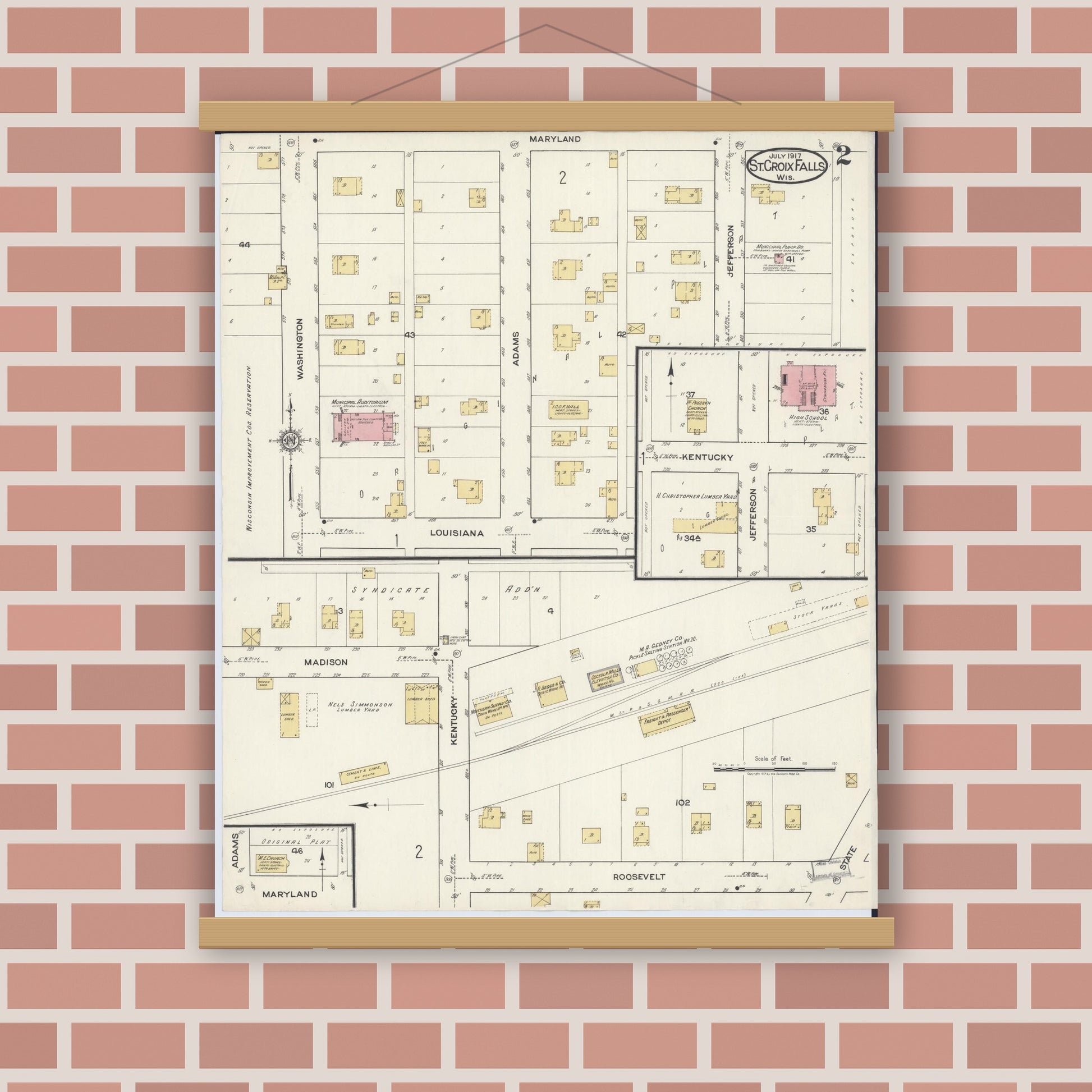 Old map wall art mockup — magnetic wood frame on brick wall — Sanborn Fire Insurance Map from Saint Croix Falls, Polk County, Wisconsin (1917), Sheet #0002