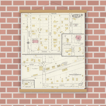 Old map wall art mockup — magnetic wood frame on brick wall — Sanborn Fire Insurance Map from Saint Croix Falls, Polk County, Wisconsin (1917), Sheet #0002
