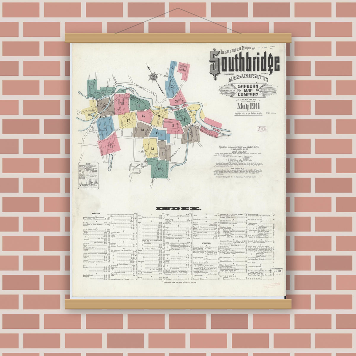 Old map wall art mockup — magnetic wood frame on brick wall — Sanborn Fire Insurance Map from Southbridge, Worcester County, Massachusetts (1911) - Complete Map Set