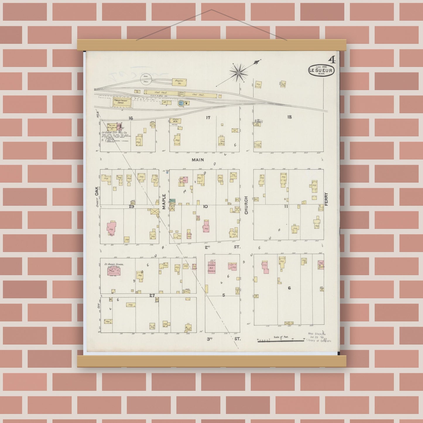 Old map wall art mockup — magnetic wood frame on brick wall — Sanborn Fire Insurance Map from Le Sueur, Le Sueur County, Minnesota (1890), Sheet #0004