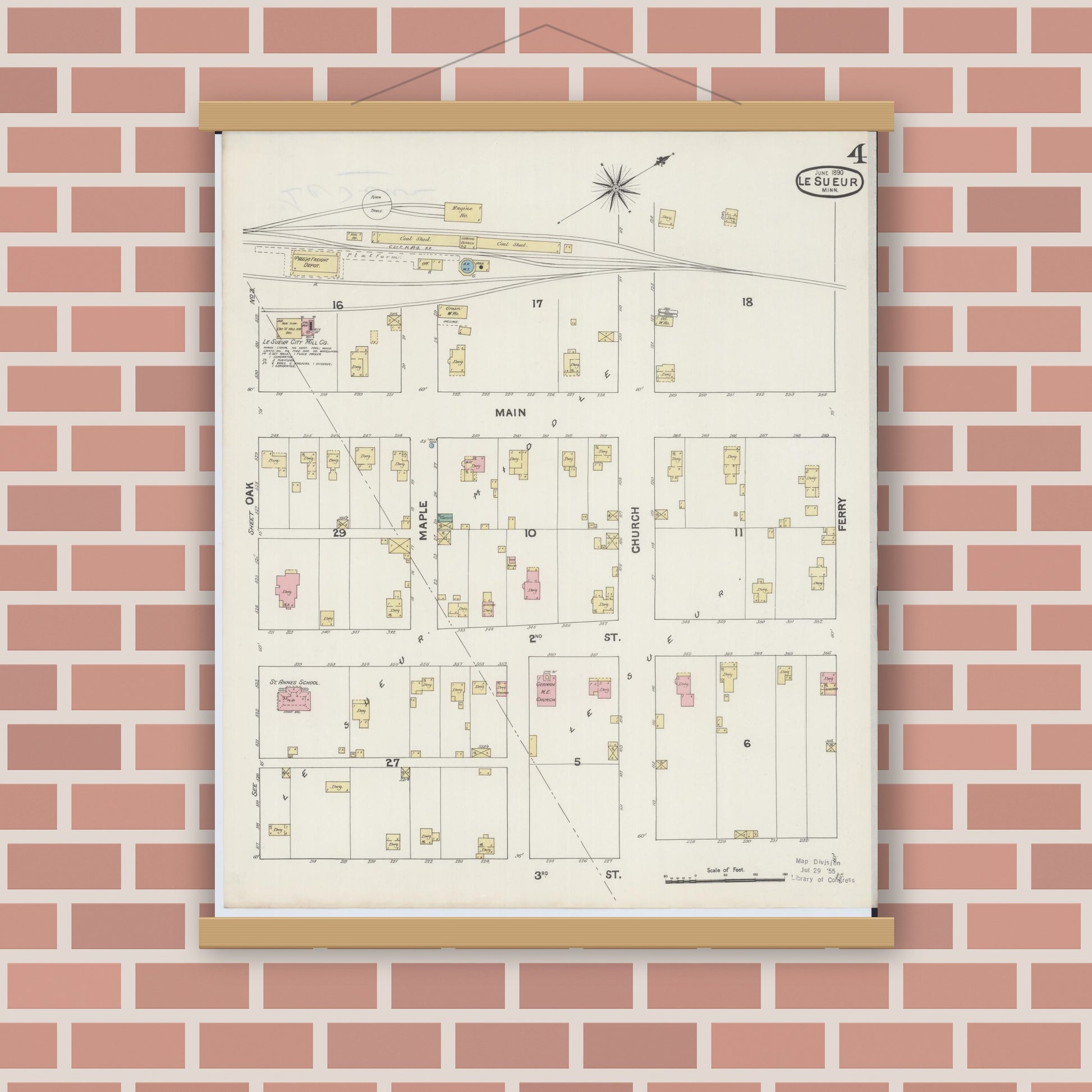 Old map wall art mockup — magnetic wood frame on brick wall — Sanborn Fire Insurance Map from Le Sueur, Le Sueur County, Minnesota (1890), Sheet #0004