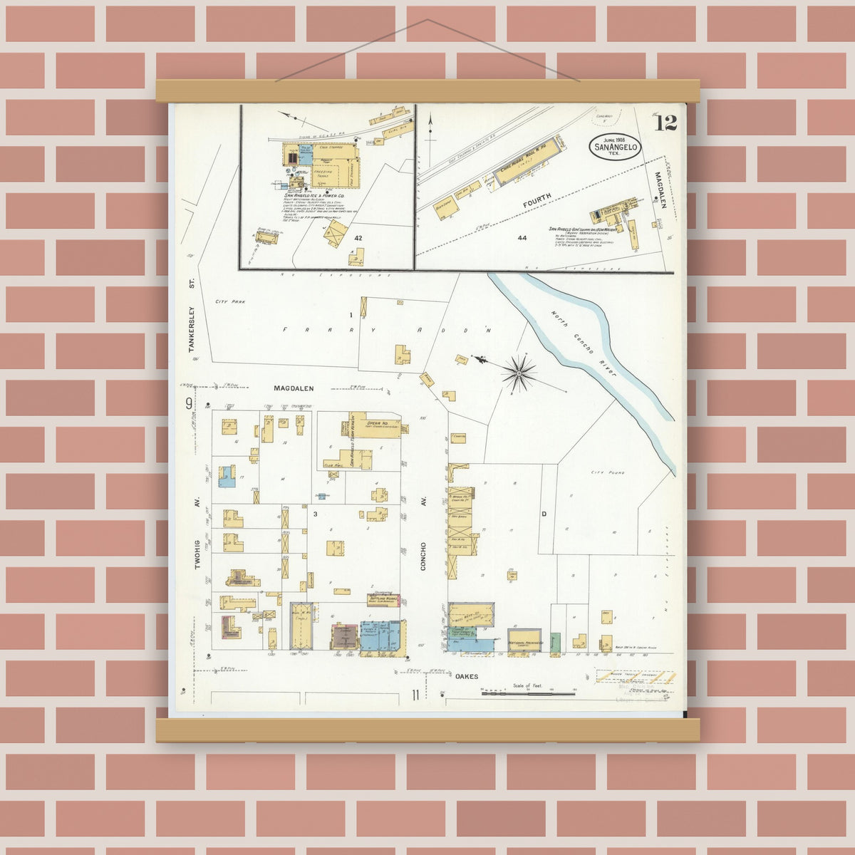 Old map wall art mockup — magnetic wood frame on brick wall — Sanborn Fire Insurance Map from San Angelo, Tom Green County, Texas (1908), Sheet #0012