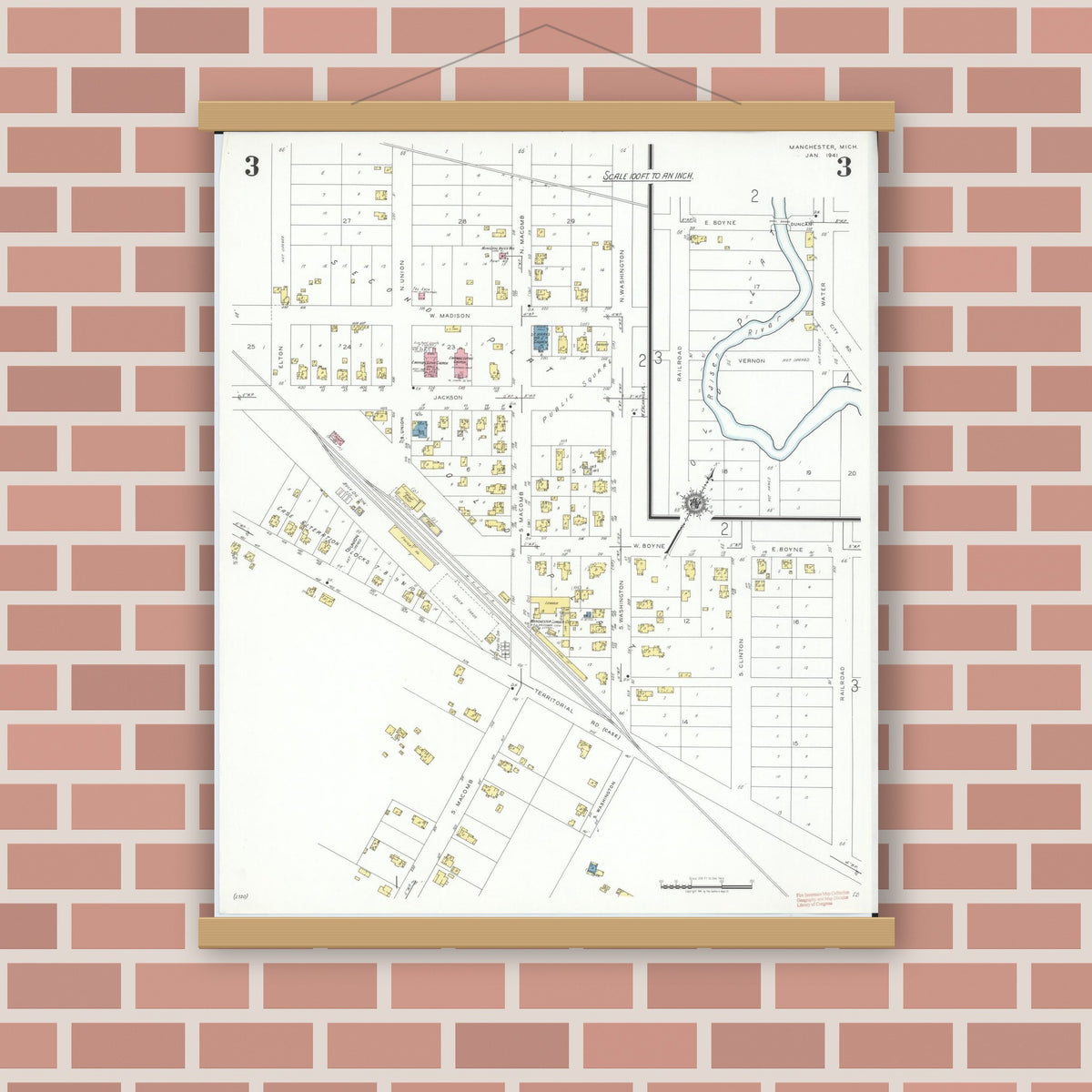 Old map wall art mockup — magnetic wood frame on brick wall — Sanborn Fire Insurance Map from Manchester, Washtenaw County, Michigan (1941), Sheet #0003