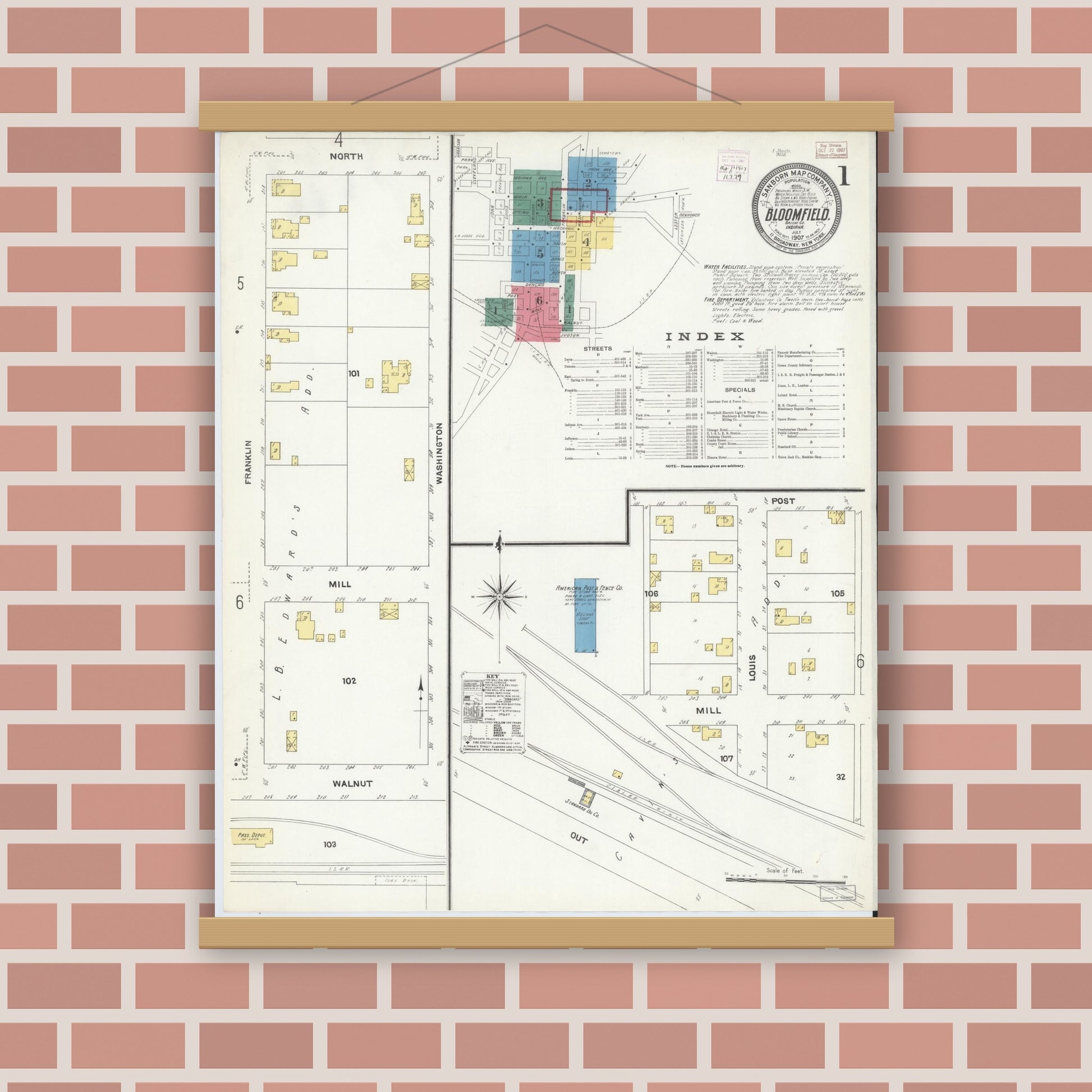 Old map wall art mockup — magnetic wood frame on brick wall — Sanborn Fire Insurance Map from Bloomfield, Greene County, Indiana (1907), Sheet #0001