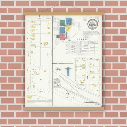 Old map wall art mockup — magnetic wood frame on brick wall — Sanborn Fire Insurance Map from Bloomfield, Greene County, Indiana (1907), Sheet #0001