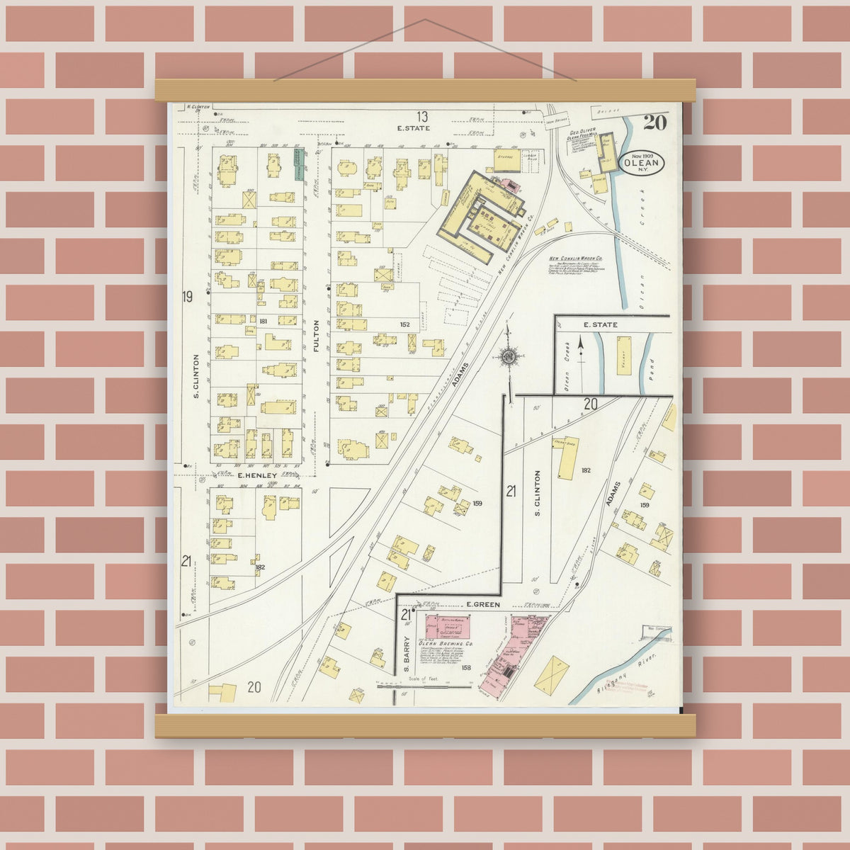 Old map wall art mockup — magnetic wood frame on brick wall — Sanborn Fire Insurance Map from Olean, Cattaraugus County, New York (1909), Sheet #0020