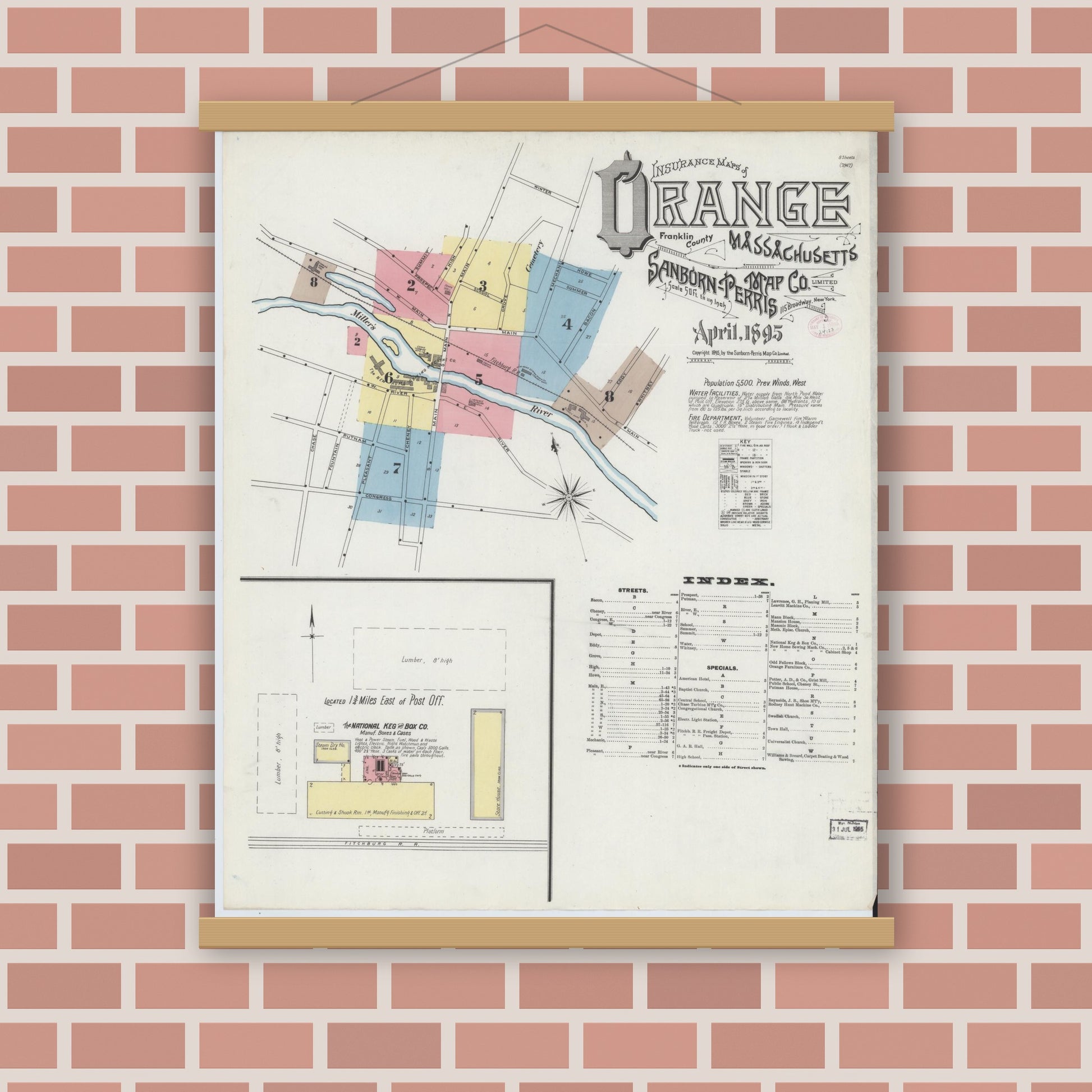 Old map wall art mockup — magnetic wood frame on brick wall — Sanborn Fire Insurance Map from Orange, Franklin County, Massachusetts (1895) - Complete Map Set