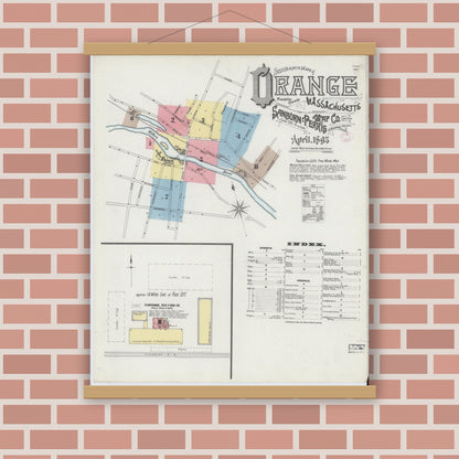 Old map wall art mockup — magnetic wood frame on brick wall — Sanborn Fire Insurance Map from Orange, Franklin County, Massachusetts (1895) - Complete Map Set