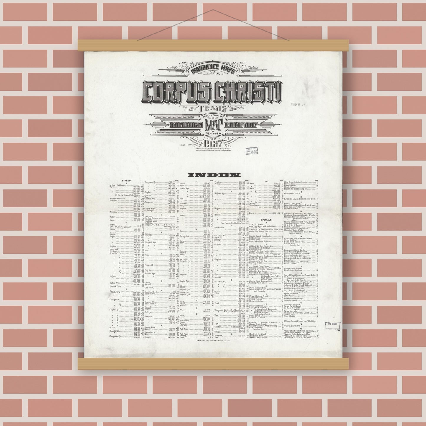 Old map wall art mockup — magnetic wood frame on brick wall — Sanborn Fire Insurance Map from Corpus Christi, Nueces County, Texas (1927), Sheet #0001