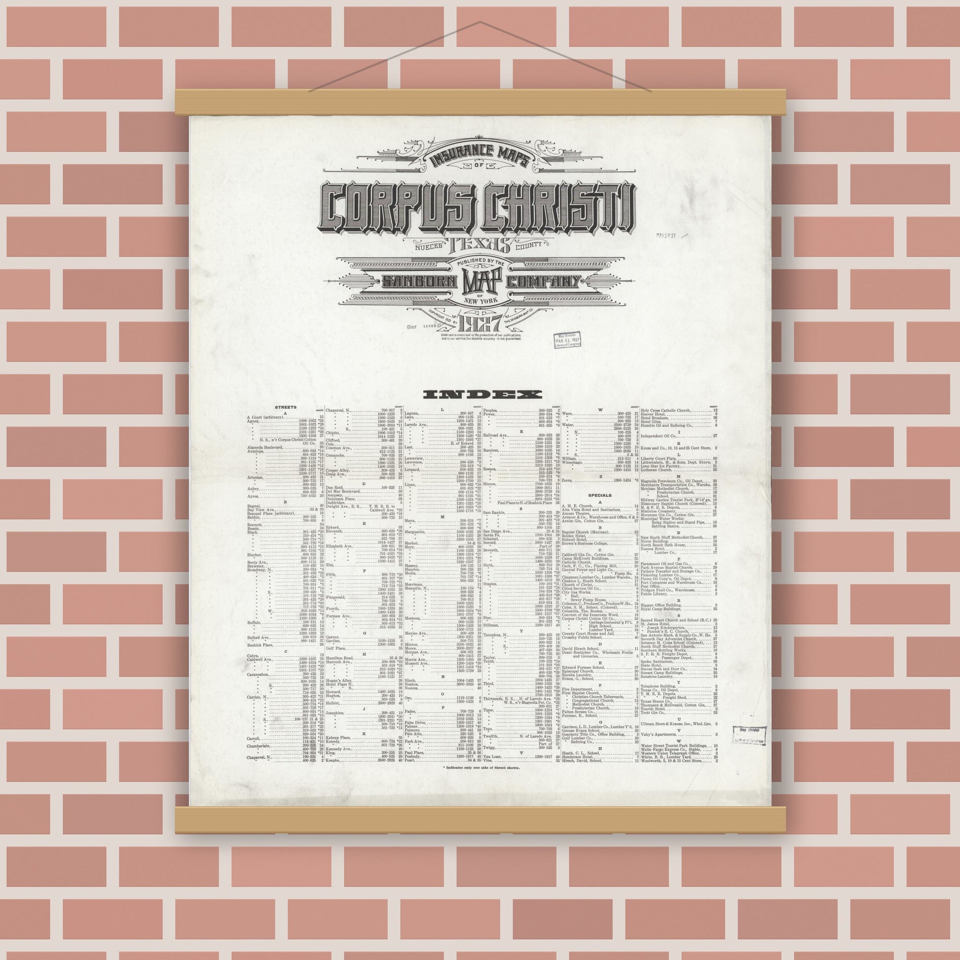 Old map wall art mockup — magnetic wood frame on brick wall — Sanborn Fire Insurance Map from Corpus Christi, Nueces County, Texas (1927), Sheet #0001