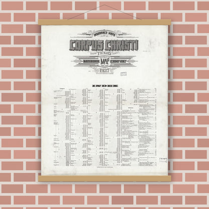 Old map wall art mockup — magnetic wood frame on brick wall — Sanborn Fire Insurance Map from Corpus Christi, Nueces County, Texas (1927), Sheet #0001