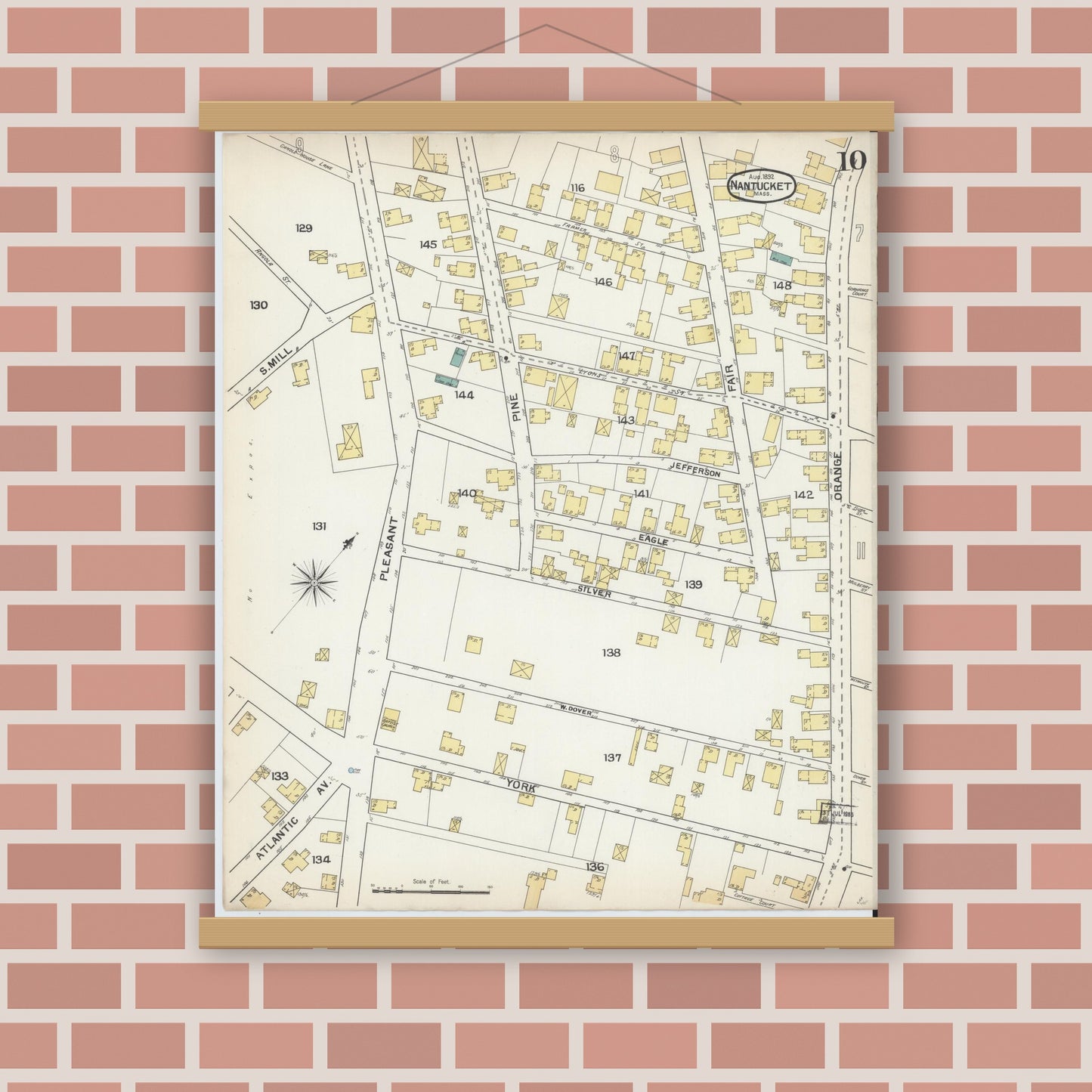 Old map wall art mockup — magnetic wood frame on brick wall — Sanborn Fire Insurance Map from Nantucket, Nantucket County, Massachusetts (1892), Sheet #0010