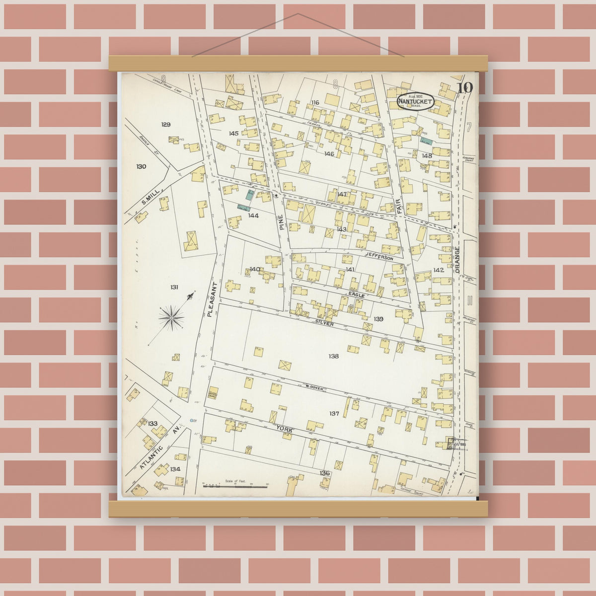 Old map wall art mockup — magnetic wood frame on brick wall — Sanborn Fire Insurance Map from Nantucket, Nantucket County, Massachusetts (1892), Sheet #0010