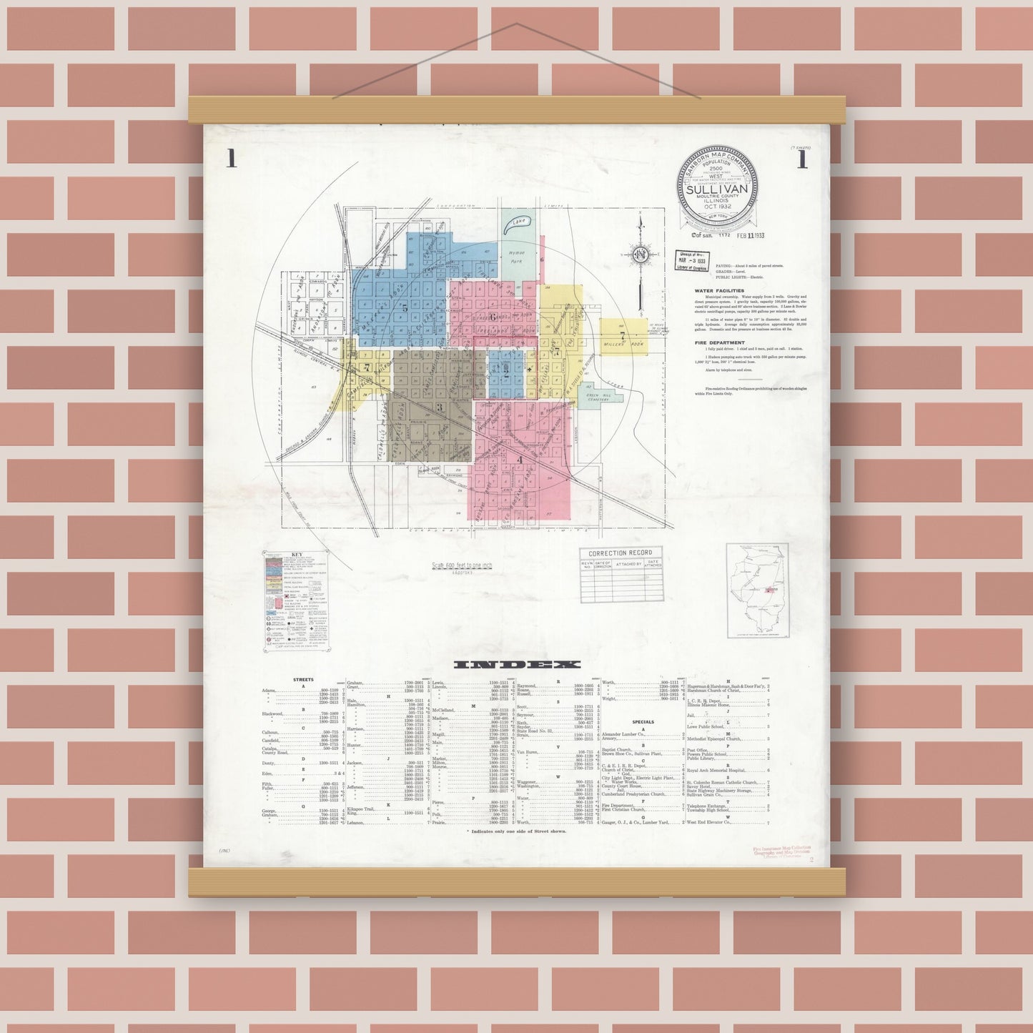 Old map wall art mockup — magnetic wood frame on brick wall — Sanborn Fire Insurance Map from Sullivan, Moultrie County, Illinois (1932), Sheet #0001