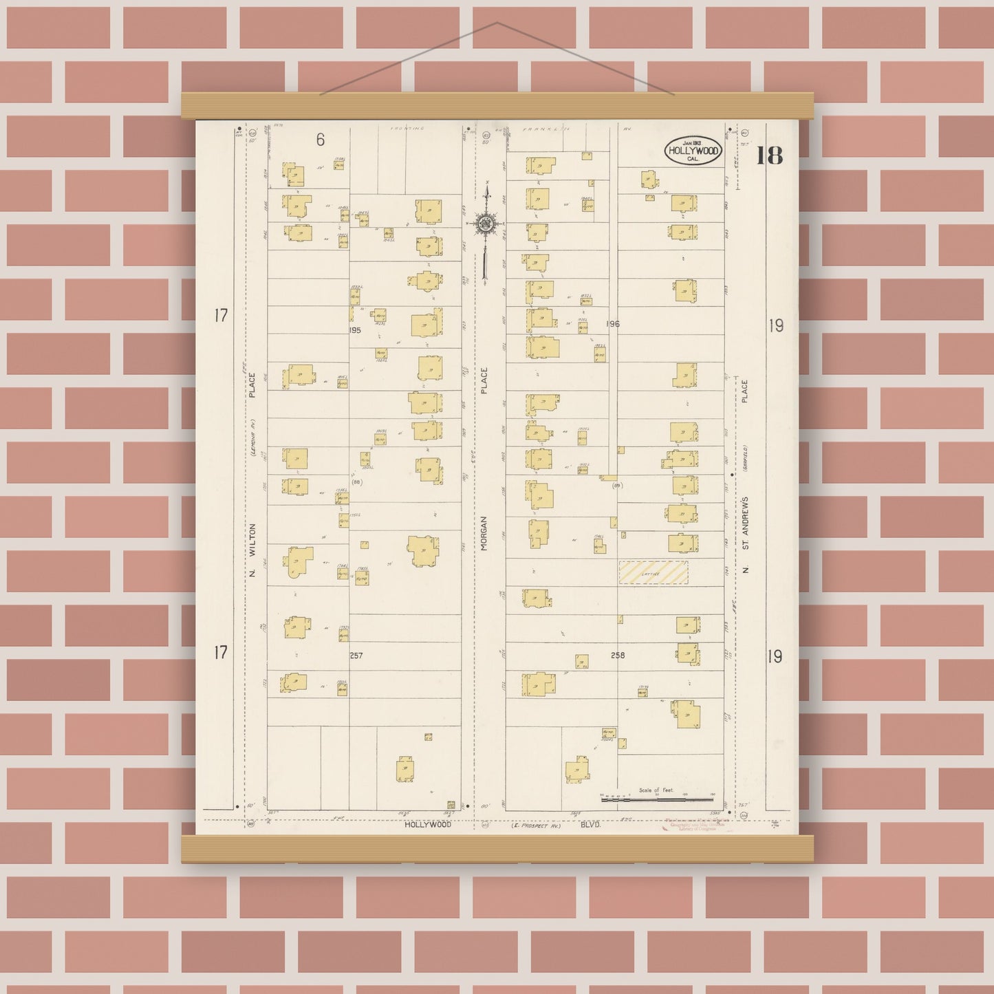 Old map wall art mockup — magnetic wood frame on brick wall — Sanborn Fire Insurance Map from Hollywood, Los Angeles County, California (1913), Sheet #0018