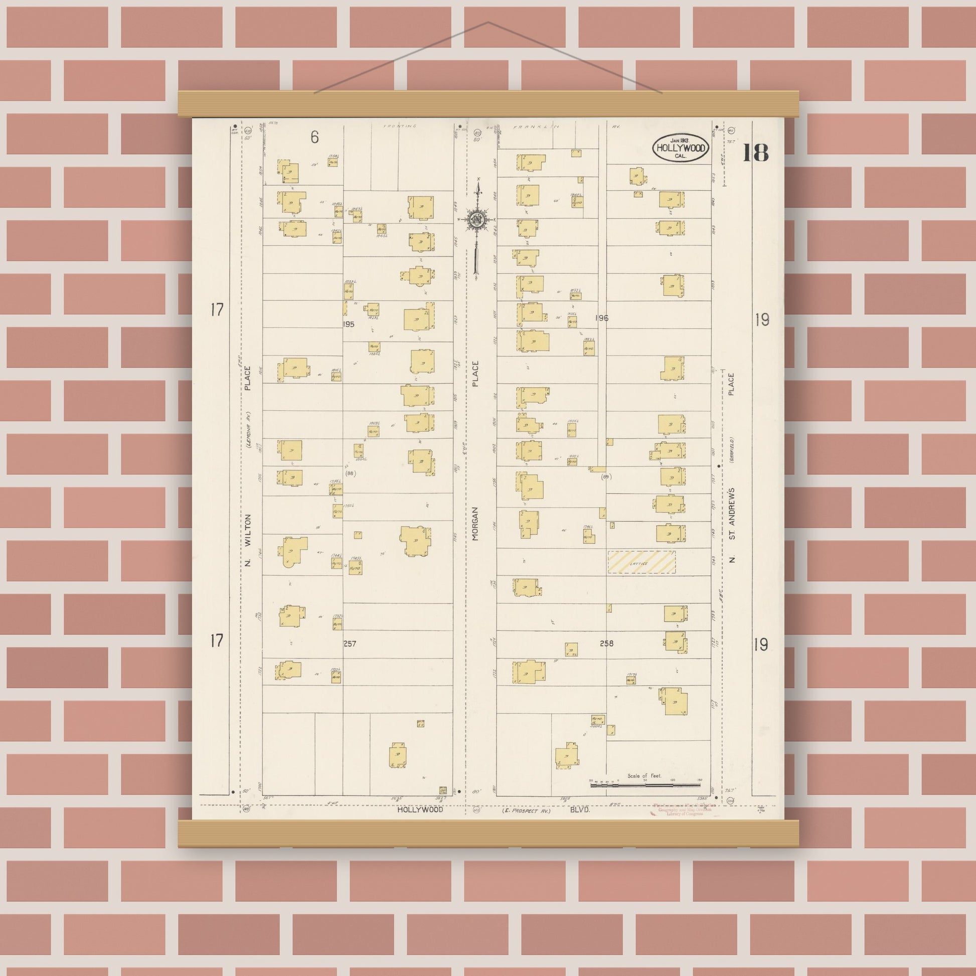 Old map wall art mockup — magnetic wood frame on brick wall — Sanborn Fire Insurance Map from Hollywood, Los Angeles County, California (1913), Sheet #0018