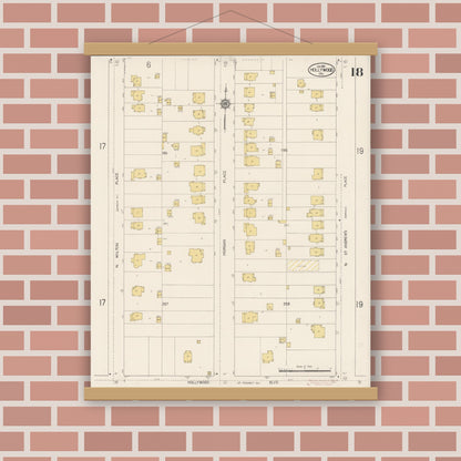 Old map wall art mockup — magnetic wood frame on brick wall — Sanborn Fire Insurance Map from Hollywood, Los Angeles County, California (1913), Sheet #0018